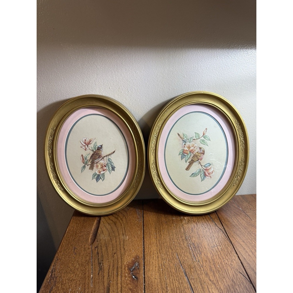 Pair Homco Home Interiors 9x11 Birds Kay Lamb Shannon Matted Gold Oval Frames